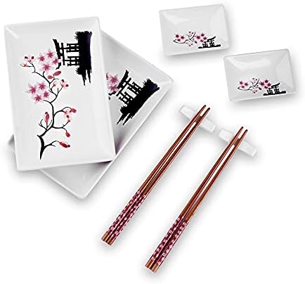סגנון סושי חרסינה בסגנון יפני מערך פלטת סושי חרסינה עם צלחות 2xsushi, מנות טבילה, מעמד מקל, קופסת מקלות מקלות