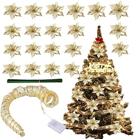 קישוטי עץ חג המולד של טוספויה 20 חבילה לחג המולד פוינסטיה נצנצים פרחים מלאכותיים עם 13 רגל אורות פיות