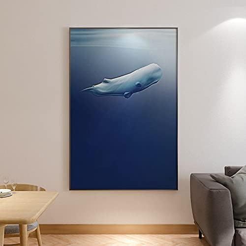 ציור שמן אנכי שצויר ביד-מופשט כחול לווייתן זרע בעלי חיים כניסה בגודל גדול אמנות ציור שמן על בד,