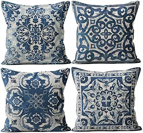 M-Qizi דפוס פרחים נייבי כחול זריקת כריות כריות, עיצוב כרית מבטאים כחולים, עיצוב חדר נושא כחול, מארזי