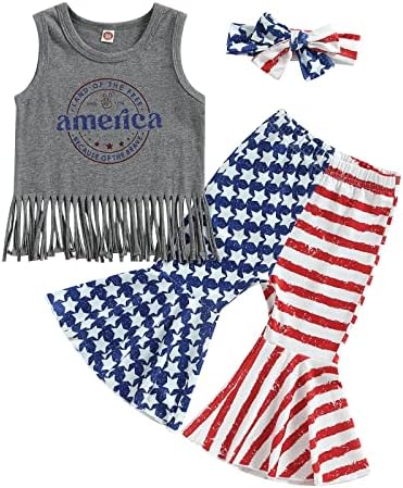 נערה פעוטות 4 ביולי תלבושת תלבושת ללא שרוולים גופיות גופיות חולצה דגל אמריקאי פעמון פלייר מכנסיים