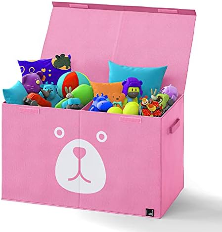 קופסת צעצועים לבנות - מארגן אחסון בפח צעצועים, חזה צעצוע ורוד, תיבת צעצועים לתינוקות עם מכסה היפוך
