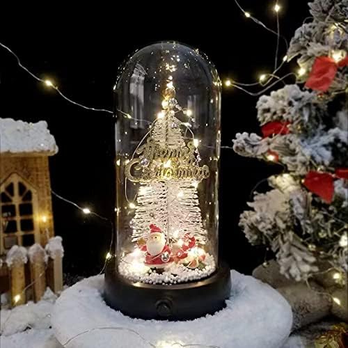 עץ חג המולד הלבן של Howeifull, עץ חג המולד מיני שולחן שולחן בכיפת זכוכית עם נורות LED וכרטיס