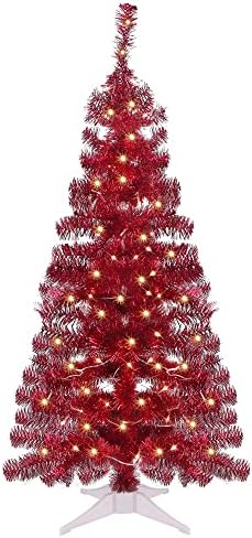 Juegoal 4 ft עץ חג מולד מלאכותי לפני המואר, סוללה מופעלת על סוללה אדום טינסל עפרון אורן עצי אורן עם 70 נורות
