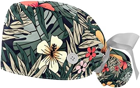 2 יחידות נשים כובע עבודה מתכוונן עם כפתור כפתור פרחים פרחים ירוקים טרופיים קומו קריקת קישור לאחור