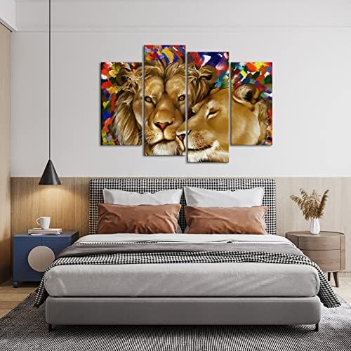 4 יחידות בעלי החיים ציור קיר אמנות האריה ולביאה אהבת בד תמונות הדפסה על בד נמתח ממוסגר עבור