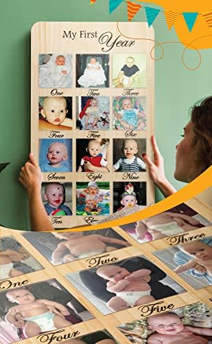 מסגרות תמונה קולאז 'לשנה אחת, מסגרת צילום לתינוקות עם לוח תמונות מעץ ו 6 גיליונות נייר צילום דבק עצמי, מסגרת