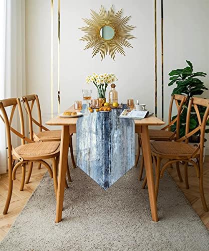 ציור אמנות מופשט מונדיאפי רץ לשולחן פשתן 13 על 72, רץ לשולחן בסגנון בית חווה כחול ואפור לשולחן אוכל,