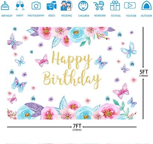 7 * 5 רגל פרפר יום הולדת רקע עבור בנות פרחוני יום הולדת צילום רקע בצבעי מים פרחי נסיכת יום הולדת תפאורות