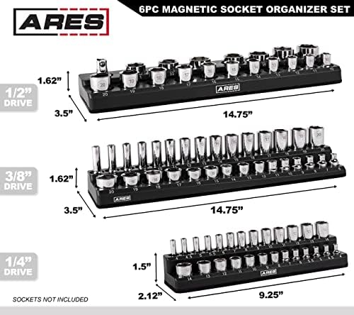 ARES 60160-6 חבילה סט מטרי ו- SAE מארגני שקעים מגנטיים -SAE -שחור וירוק -1/4 אינץ