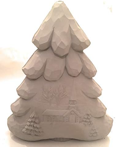 עץ חג המולד עם סצנת הכנסייה 11x8.75 ביסק קרמיקה בגודל בינוני מוכן לצייר