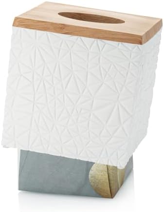 כיסוי קופסאות רקמות של Essentra ביתי - לבן מט עם הדפסת עץ - מחזיק תיבת רקמות קובייה מודרנית