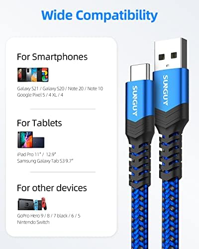 Sunguy USB C כבל 3ft, 3pack שטוח USB-A ל- USB-C מטען מהיר חוט מטען קלוע USB 2.0 סוג C כבל תואם לסמסונג גלקסי