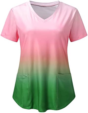 חולצות הדפסת צבע שיפוע לנערות שרוול קצר צוואר עמוק עבודת סטרץ האנטומיה לשפשף חולצות נשים