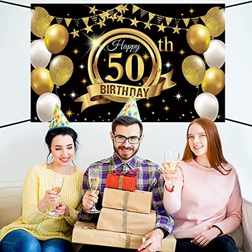 6 על 3.6 רגל 50 יום הולדת רקע שחור זהב שמח 50 יום הולדת באנר לנשים גברים מסיבת יום הולדת קישוטי אספקת