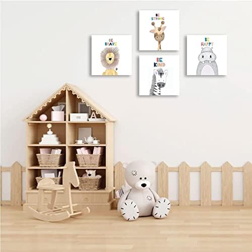 משתלת Quzenu קיר עיצוב קיר ספארי חיה חדר חדר לתינוקות בד הדפסים מסגרת אמנות לילדים ג'ונגל משתלת תפאורה של בעלי
