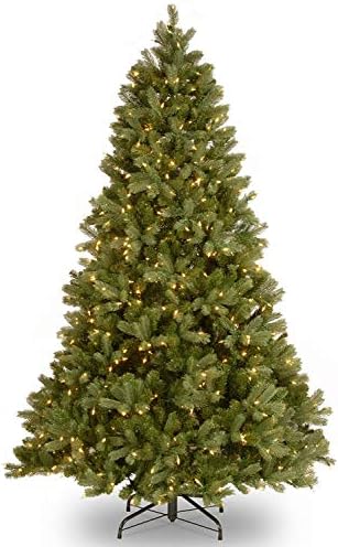 חברת העצים הלאומית מוארת מראש 'מרגישים אמיתית' מלאכותית מלאה של עץ חג המולד, ירוק, אורות לבנים, מעוטרת באונוסי