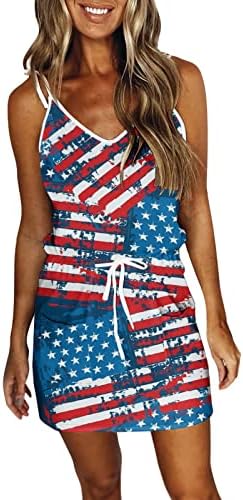 4 ביולי שמלה לנשים קיץ שמלת טנק דגל אמריקאי עם כיסים מותניים אלסטיים ללא שרוולים צווארון שמלת קיץ מיני