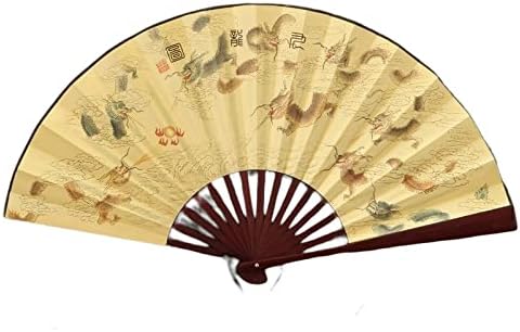 מאוורר מתקפל של Qiufen - מאוורר מתקפל בסגנון סיני - צהוב תשעה דרקונים דפוס חופשות מאוורר קיפול כף יד
