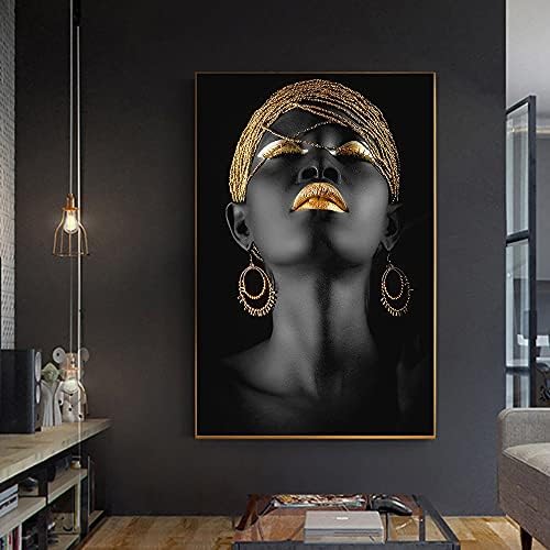אמנות אפריקאית מודרנית שפתיים מוזהבות נשים שמן שמן על פוסטר אמנות קיר בד והדפס תמונה סקנדינבית לקישוט הבית