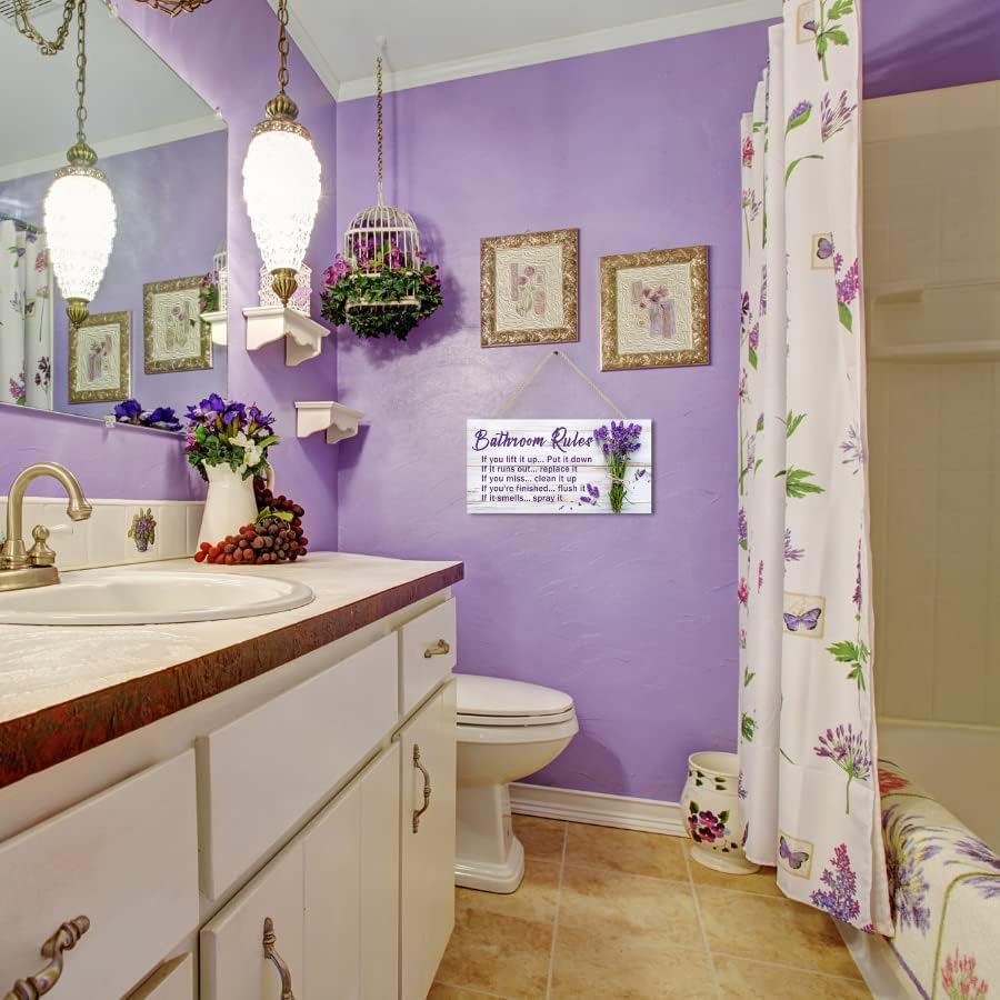 עיצוב אמבטיה לבנדר, חוקי אמבטיה עיצוב קיר, שלט אמבטיה מצחיק, עיצוב חדר אמבטיה סגול עיצוב אמבטיה