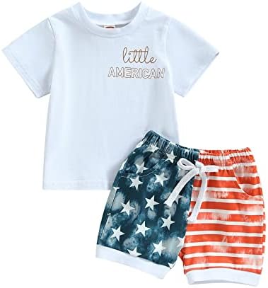 לין ובייבי תינוק תינוקת 4 ביולי תלבושות חולצות שרוול קצר חולצות דגל אמריקאי מכנסיים 2 מחשבים עצמאות בגדי יום עצמאות