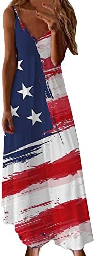 4 ביולי להחליק שמלות לנשים דגל יום העצמאות מזדמן רופף צווארון שרוולים מקסי ארוך כוכב פסים שמלה