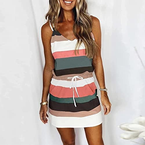 נשים קיץ שמלות 2023 מקרית צבע בלוק ספגטי רצועת צוואר שרוולים שרוך מותניים מיני חוף שמלה