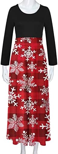נשים משובץ מקסי שמלת חג המולד פתית שלג גרפי מודפס אימפריה מותניים ארוך שמלה מזדמן ארוך שרוול שמלות
