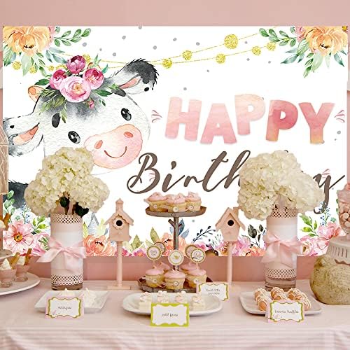 קרפלימס פרה קדושה יום הולדת שמח רקע ורוד פרח תינוק בנות 1 2 מסיבת יום הולדת רקע מערבי ילדה עוגת שולחן
