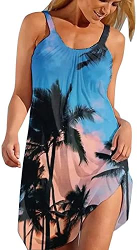 אופלקסו נשים קיץ שמלות מקרית ללא שרוולים טרופי הדפסת טוניקת טנק שמלת רופף בוהו חוף שמלה קיצית