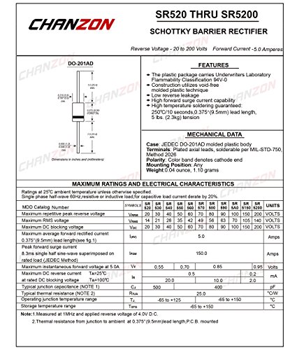 Chanzon SR5100 מחסום Schottky דיודות מיישר 5A 100V DO-201ad צירי 5 אמפר 100 וולט