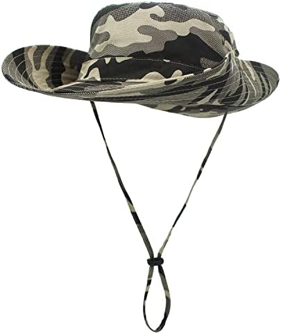 הסוואה כובע שמש רחב כותנה, UPF 50+ הגנת UV דלי שמש נושם דלי שמש עם רצועת סנטר מתכווננת לספארי