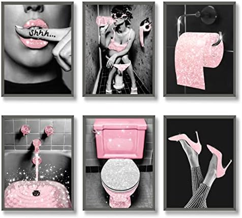 Luodroduo קיר אופנה אמנות אמבטיה עיצוב הדפסים סט של 6 ורוד גליטר נצנצים רקמות בד פוסטרים תמונות תמונות יצירות