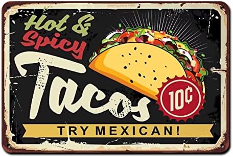 מסעדת פוסטר מקסיקני טאקו פח סימנים, חם ומתובל מקסיקני מטבח עם טעים טאקו על רקע כהה בציר מתכת פח סימן עבור גברים