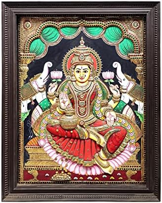 הודו אקזוטית 41 איקס 52 ציור פדמאסנה ג 'אלאקשמי טנג' ור / צבעים מסורתיים עם זהב 24 קראט / מסגרת עץ טיק