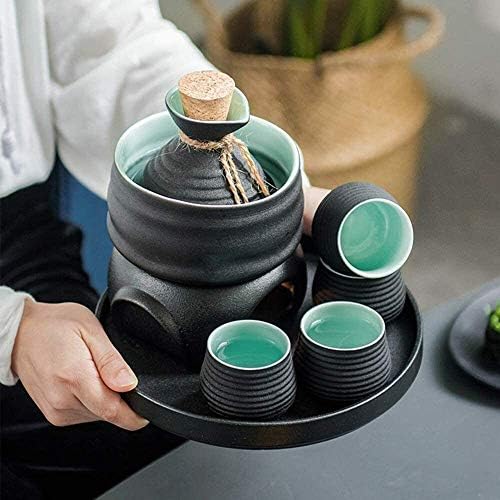 סט סאקה מסורתי יפני 8 חתיכות כוסות יין זיגוג שחור עם תנור חמים ונרות יותר, כוסות מלאכה מסורתיות,