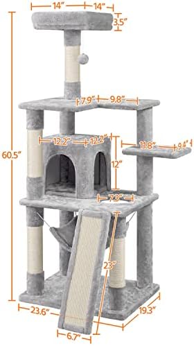 Yeaheetech 60.5in מגדל עץ חתולים רב-מפלסי לחתולים מקורה בית חתולים עם עמדות לוח גירוד, דירה, ערסל, ריהוט לחתולים