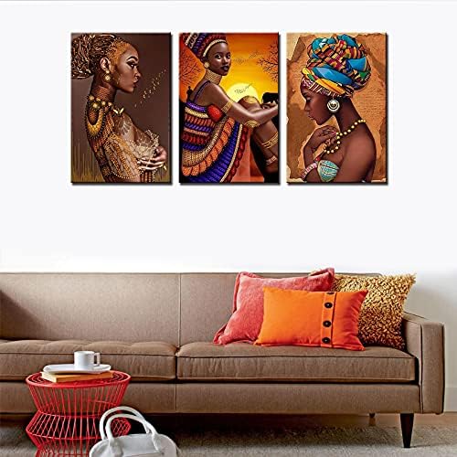 נשים אפריקאיות דיוקן קיר קיר אמנות לקיר לסלון תפאורה 3 חלקים צבעוניים ציורים שמן בנות אפריקאיות מוזרות