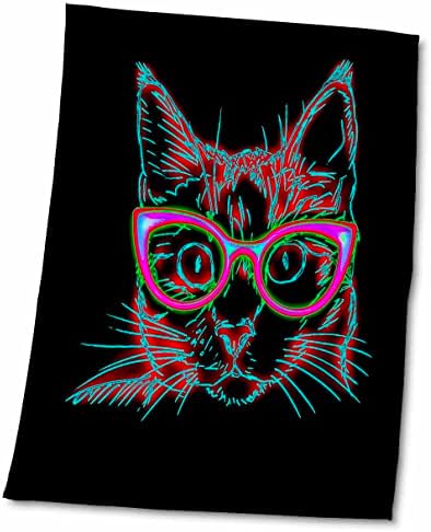 3drose Colorpul Neon חתול רקע שחור עם משקפיים גרפיקה מהנה - מגבות