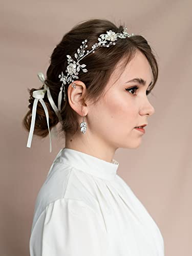 פרח עלה כלה כיסוי ראש לחתונה שיער בנד עבור כלות בגימור ריינסטון חתונה בגימור כסף פרח ילדה שושבינה