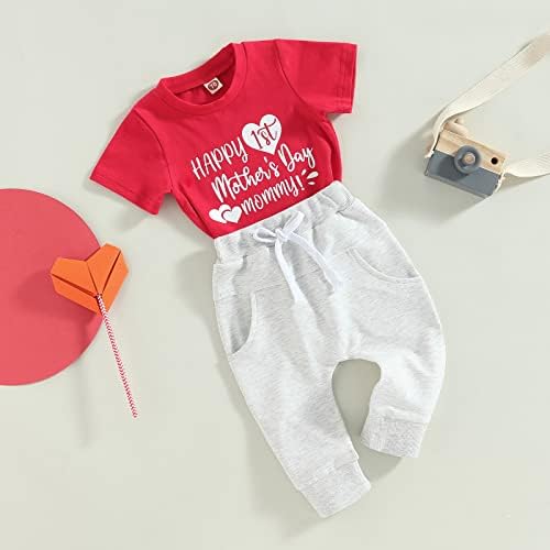 פעוט תינוק תינוק תלבושת יום אם שרוול קצר הדפס מכתב חולצה חולצה מכנסיים ג'וג'ר בגדי קיץ מערביים