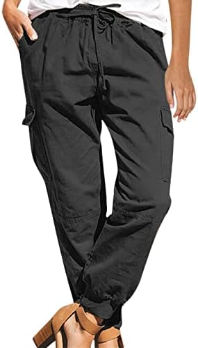 GRGE BEUU מכנסי צבע אחיד מזדמנים לנשים סרבלים מכנסי מגרש אופנה פשתן כותנה מכנסי טרנינג קצוצים עם כיס