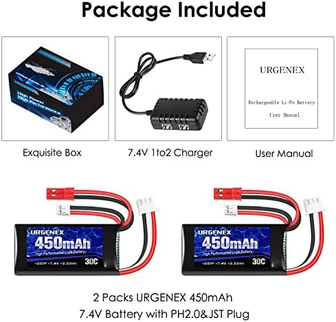 Urgenex 7.4V Lipo סוללה 2S 30C 450mAh סוללת LIPO נטענת עם JST ו- PH2.0 Plug SCX24 סוללה עם מטען USB 1TO2 מתאים