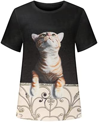 3 ד חתול הדפסת חולצה לנשים מקרית קצר שרוול חמוד הדפסת גרפי חולצה צוות צוואר רופף חולצות מוצק צבע חולצות