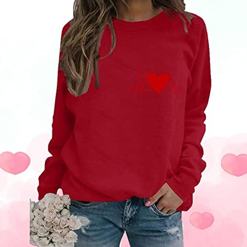 חג האהבה סווטשירט גדול לנשים סוודר הדפס לב חמוד עליון שרוול ארוך מתוק סוודר חולצות סוודר