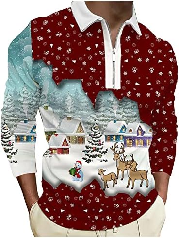 ZDFER לחג המולד גברים חולצות פולו שרוול ארוך רוכסן צוואר צוואר צוואר צוואר צווארון מצחיק סנטה