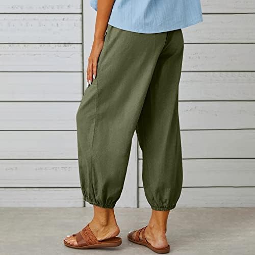 מכנסי פשתן כותנה לנשים, משיכת מותניים גבוהים ברגל רחבה רופפת בכושר קפריס נוחה אופנה מכנסיים רחבים עם כיסים