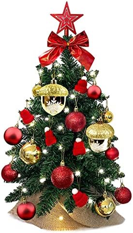 Stcomart מיני עץ חג המולד מלאכותי עם אורות וקישוטים, עץ חג המולד קטן של שולחן השולחן, אדום, 24 אינץ '