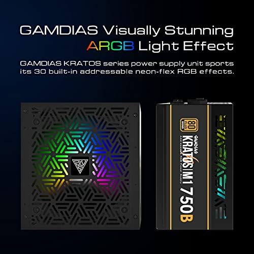 GAMDIAS RGB משחק מחשב אספקת חשמל 750W 80 פלוס ברונזה מוסמכת 750 וואט PSU למחשבים עם PFC פעיל, Kratos